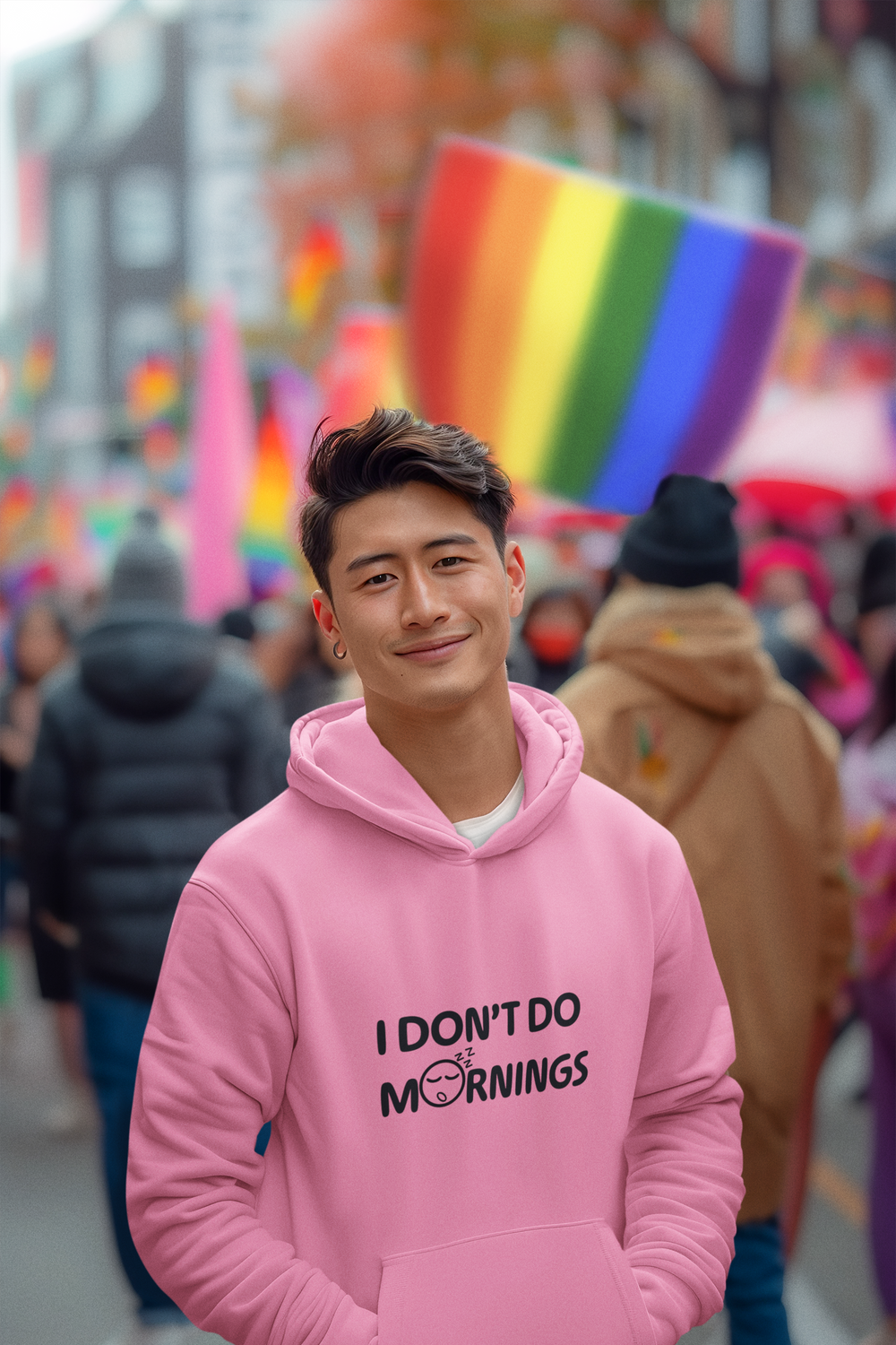 I don't do mornings design on Azalea Pink hoodie by Evans Wear.