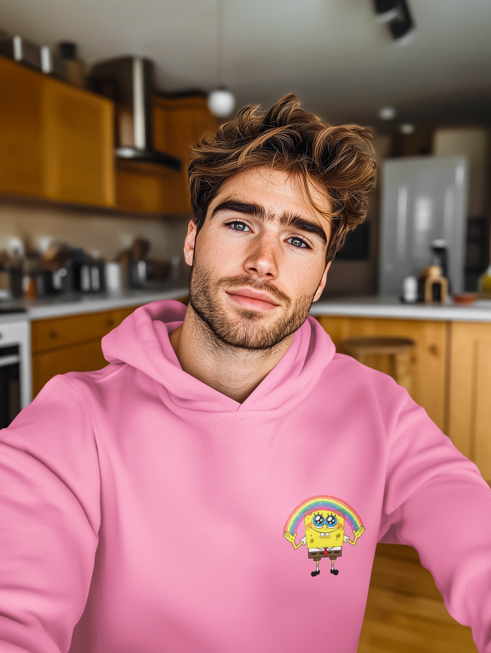 sponge bob Raibown design on Azalea Pink hoodie by Evans Wear.